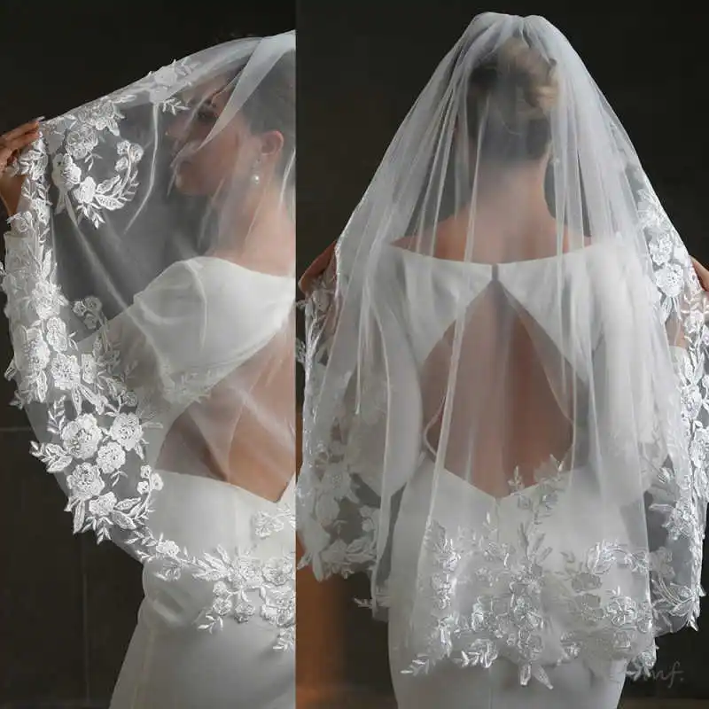 طرحة زفاف أنيقة من طبقة واحدة مزينة بالدانتيل بطول الإصبع حجاب الزفاف مع مشط إكسسوارات الزفاف velo de novia