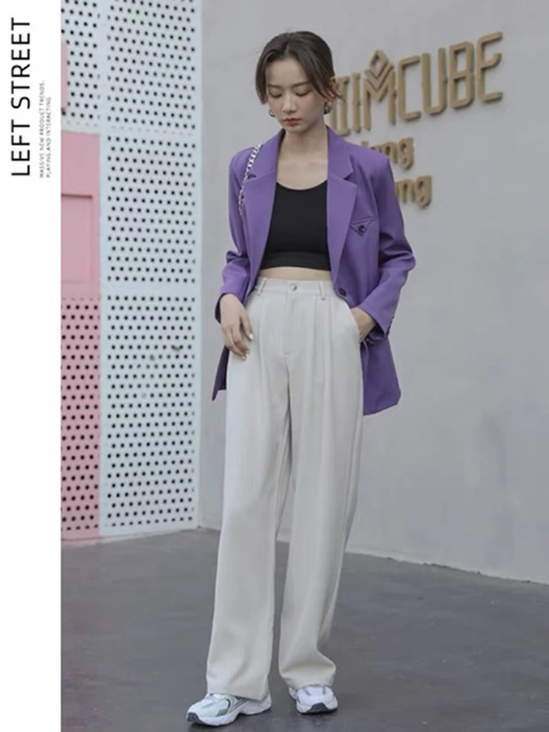 2023 Pants Women Korean Style Casual High Waist Korean Fashion Office Ladies Elegant Beige Straight Suit Pants Trousers