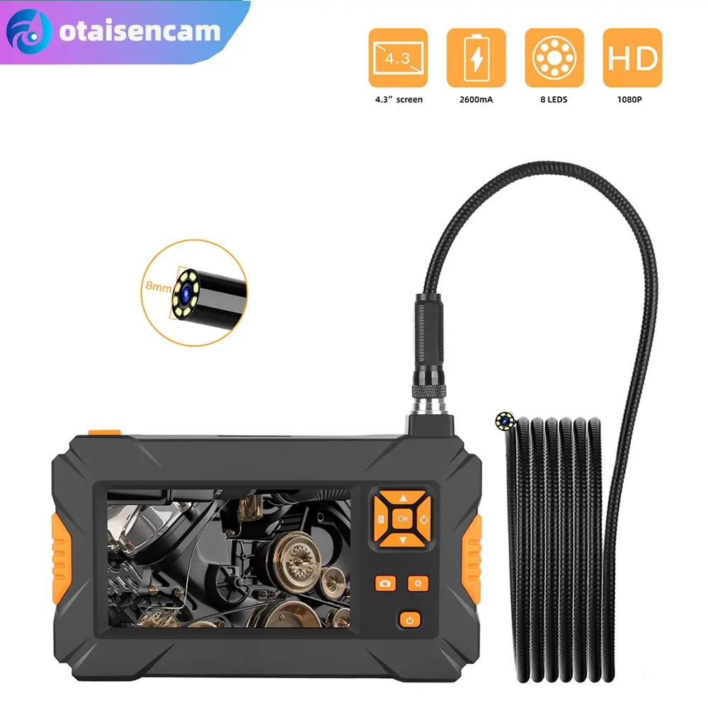 

8mm HD Sewage Pipeline Industrial Endoscope 4.3 Inch IPS Screen Car Engine Maintenance Camera Soft Snake Cable Borescope