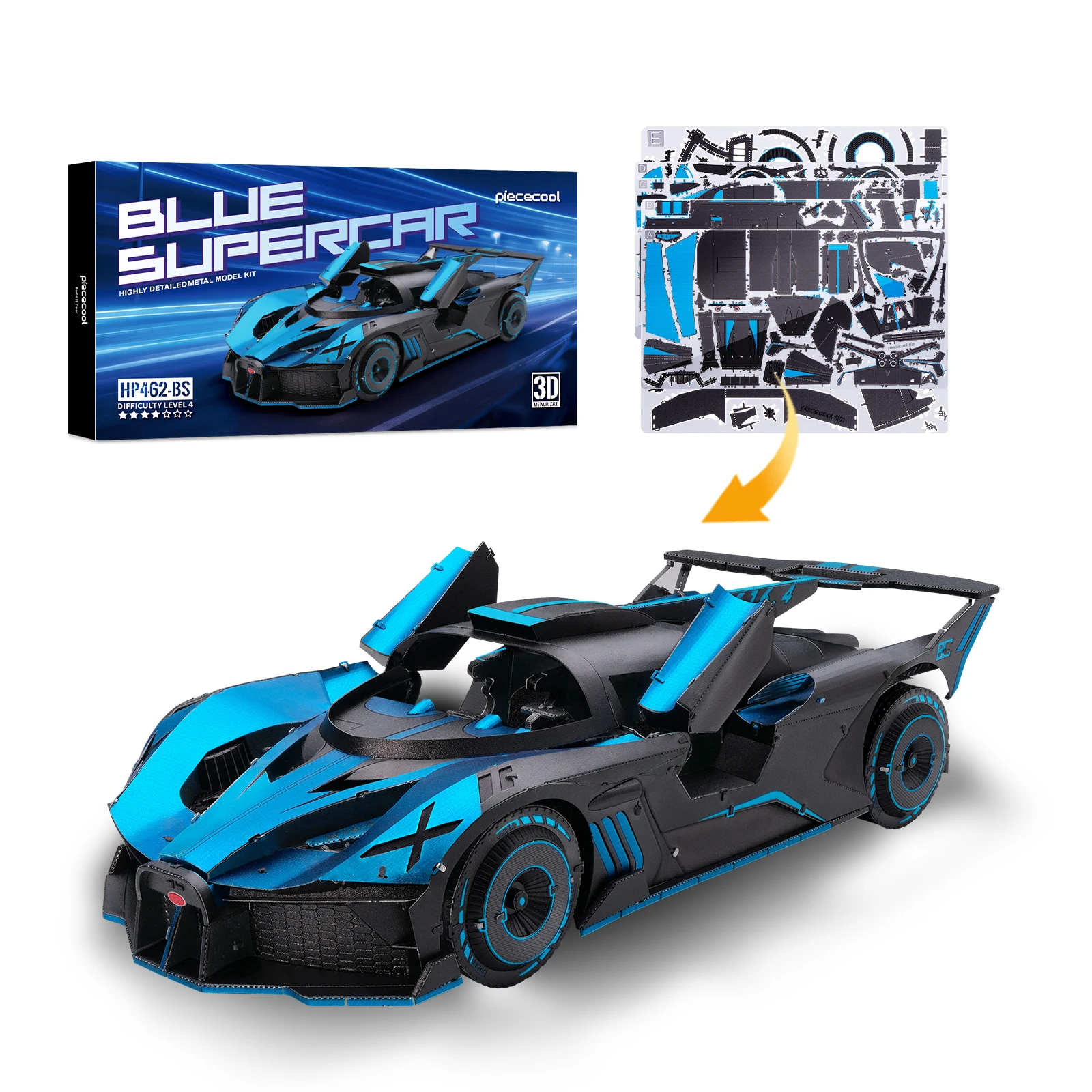 Piececool 3D Metal Model Kits Blue Supercar 3D Puzzles for Adult DIY Car Model Puzzle Metal 3D Jigsaw for Home Decor Best Gift