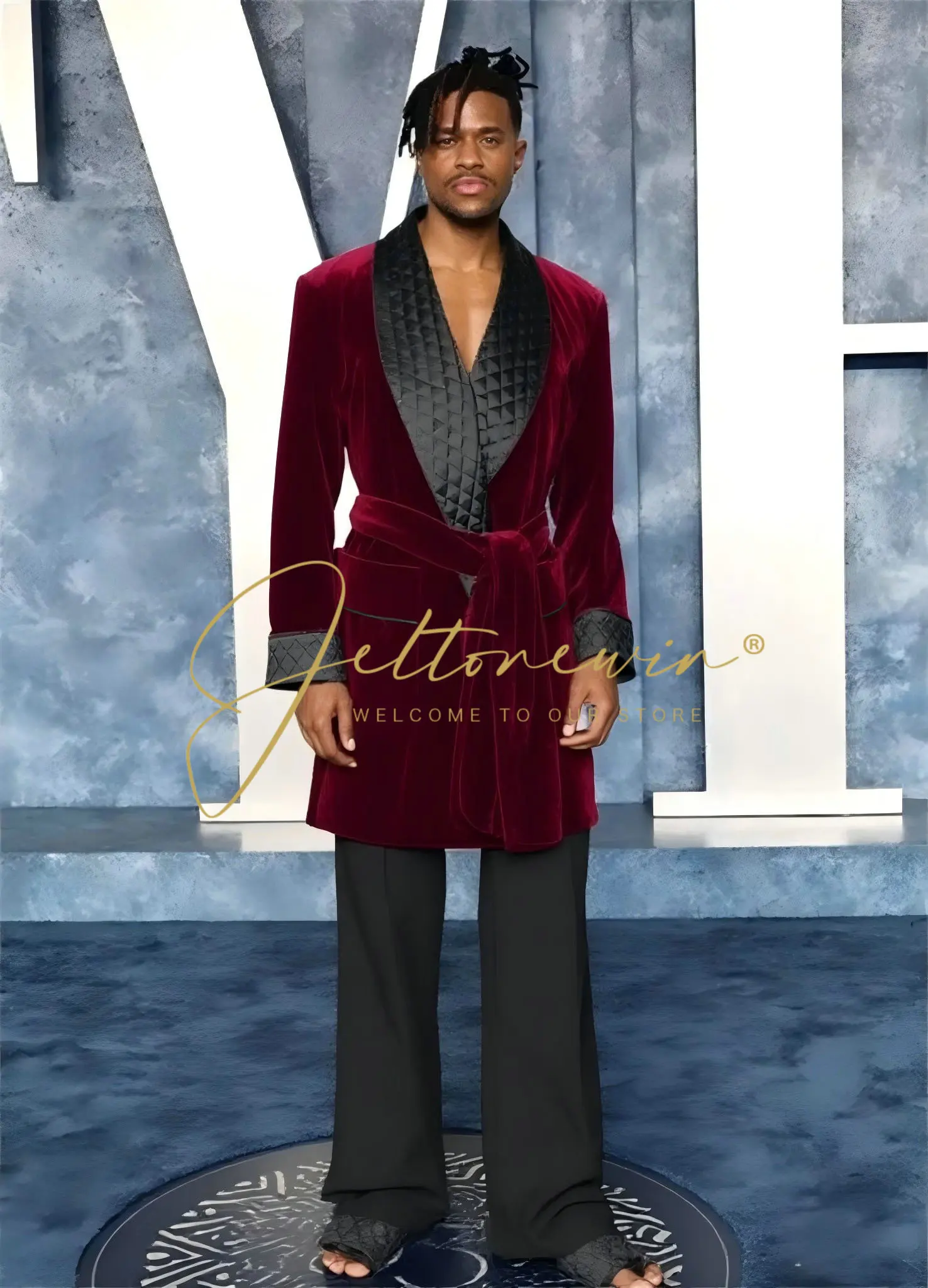 

Burgundy Velvet Luxury Long Jacket Black Shawl Lapel With Belt Smoking Wedding Blazer Wedding Dinner Party Suits Only 1 Coat