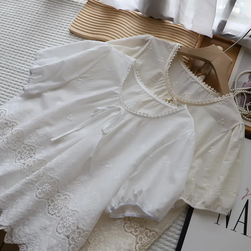 

Новая летняя женская блузка 2025 года в корейском стиле с круглым вырезом, вышивкой и рукавами-фонариками, свободного кроя, 100% хлопок