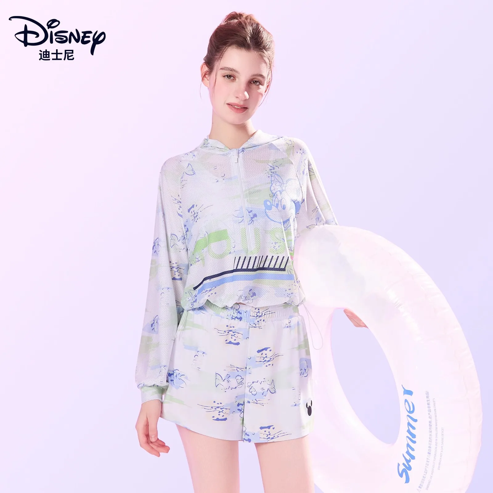 Disney maiô feminino 2025 nova beira-mar férias blusa de três peças divisão protetor solar praia maiô feminino