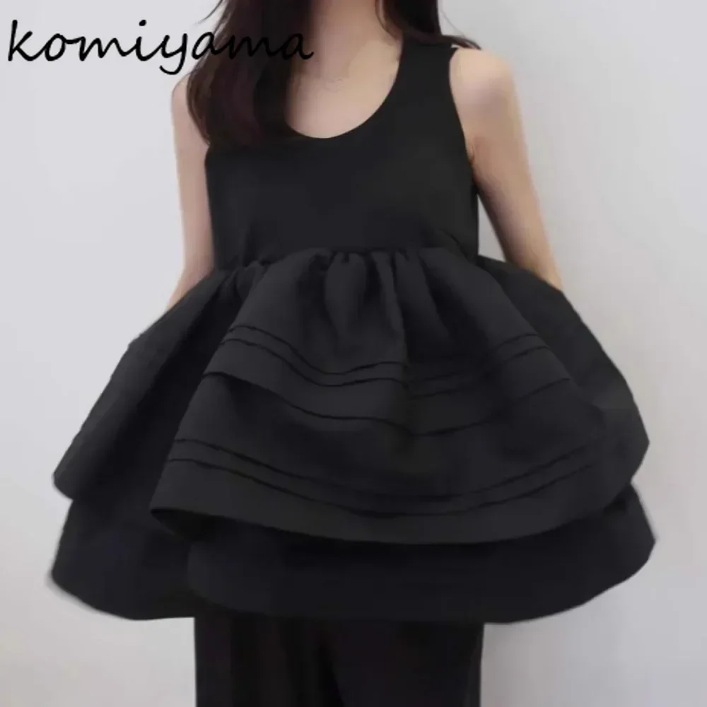 

Pleated Ball Gown Blusas Mujer Loose O-neck Woman Shirts & Blouses Japanese Camisas Summer Women Clothing Sleeveless Ropa