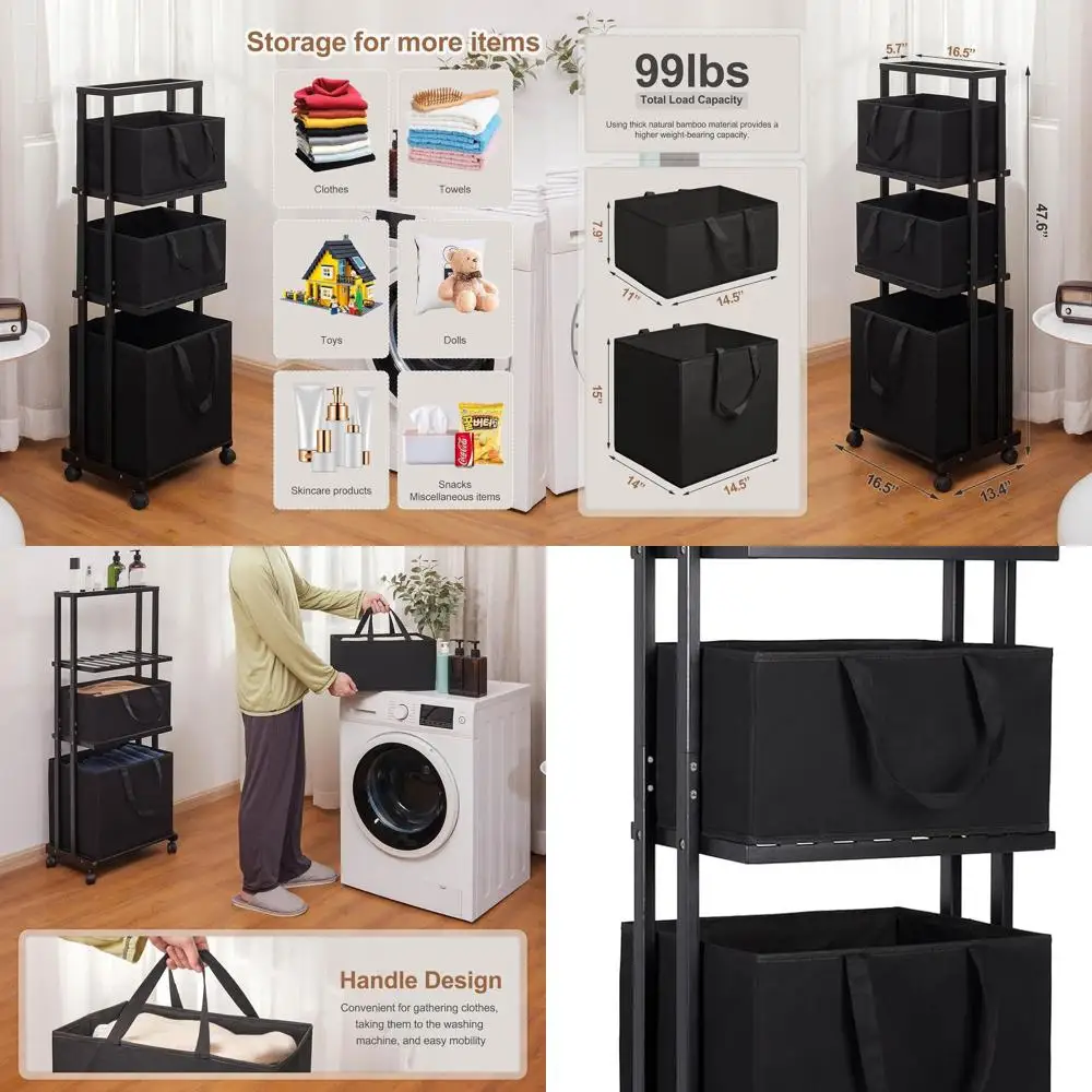 

3-Tier Bamboo Laundry Basket with Wheels, Removable Baskets, and Handles - Ideal for Home Storage in Bathroom, Living Room, and