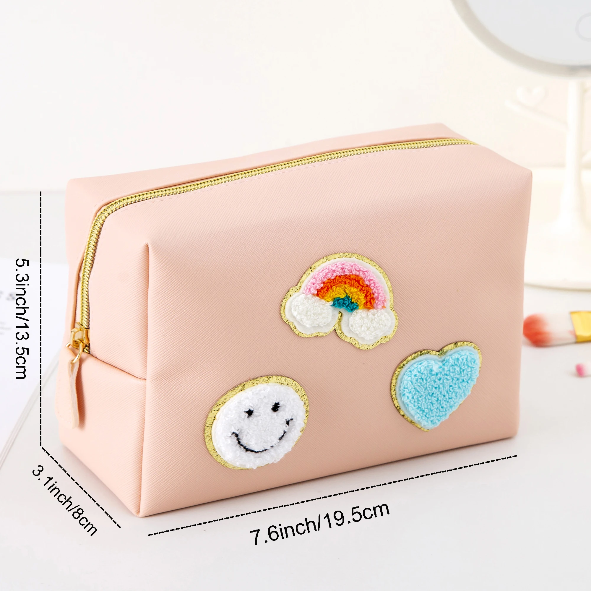 Women Girls Preppy PU Leather Waterproof Travel Cosmetic Bag Makeup Pouch Organizer with Smile Face Cloud Heart Chenille Patches