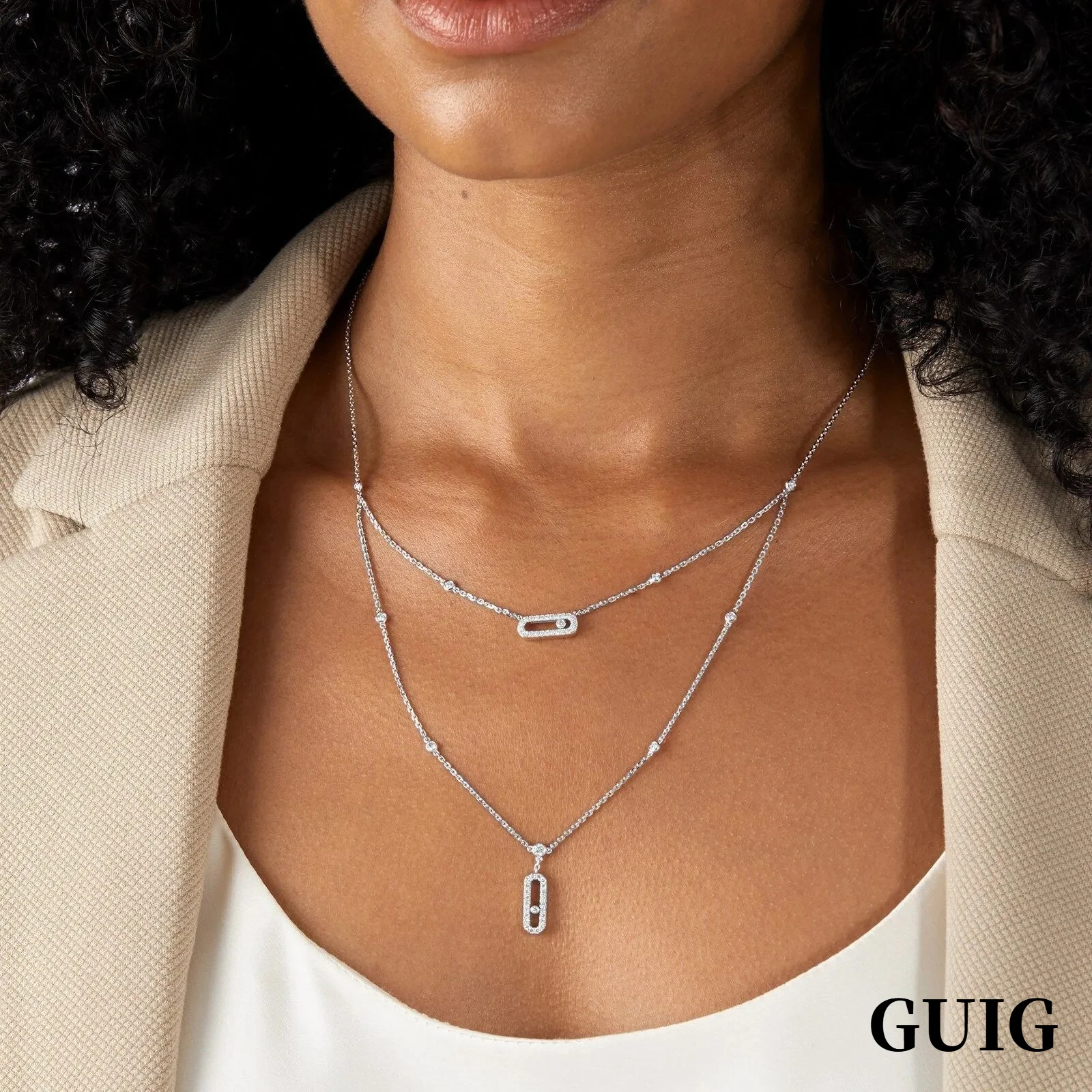 Layered Necklace Set - GUIG double-layer full-diamond collar necklace, sliding