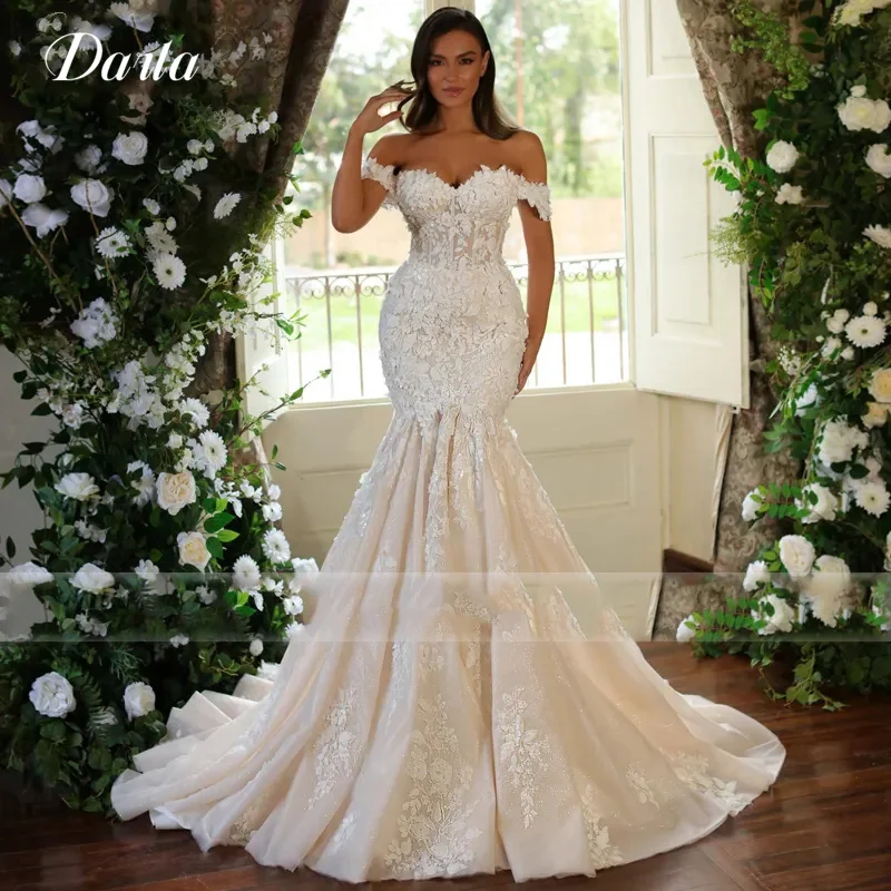 

3d Flower Applique Litter Mermaid Wedding Dress For Woman Cap Sleeve Princess Bridal Gown Lace Up Lace-up Dress Robe Customized