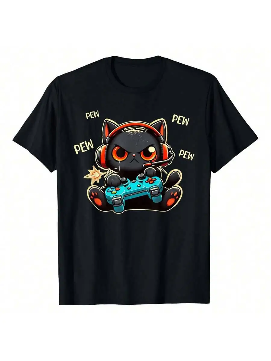 Cute Gamer Cat Playing Video Game Pew Anime Kitten Funny T-Shirt, Pure Cotton, Crew Neck, For Outdoor Adventures 100% Cotton