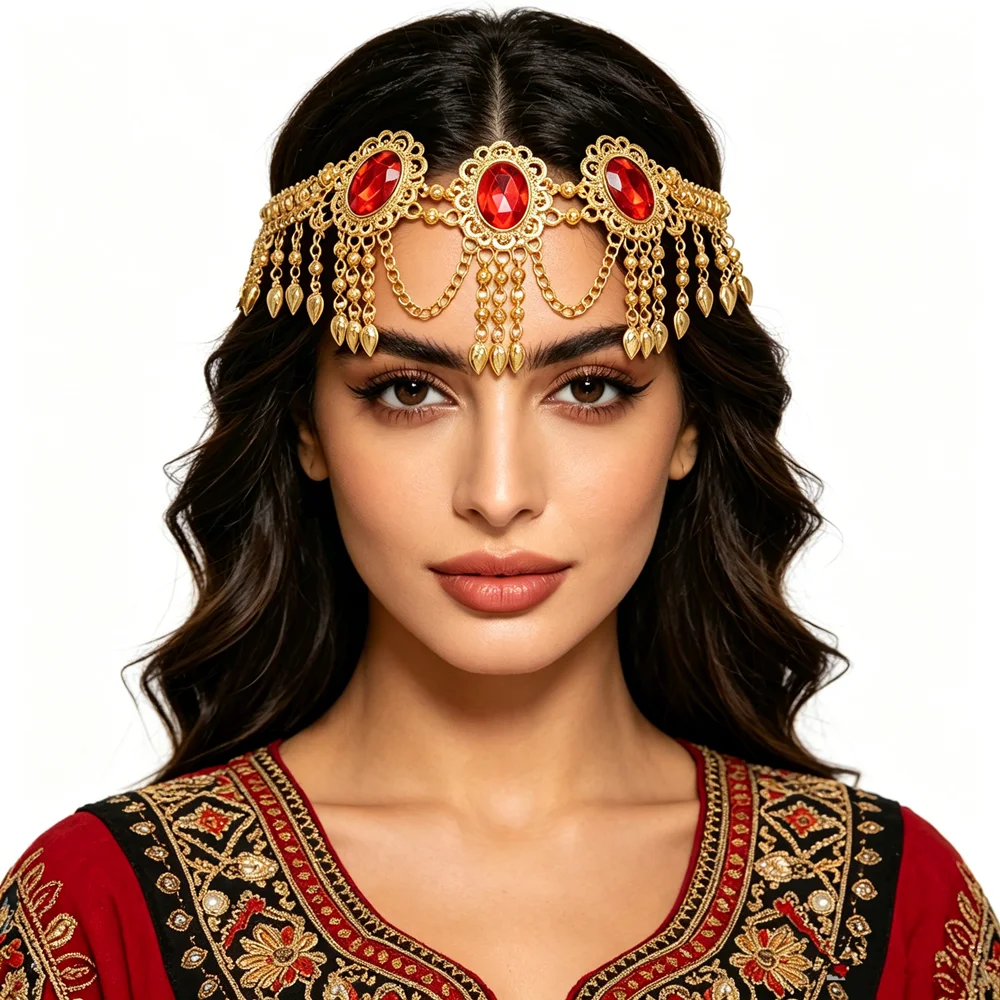 Elegant Moroccan Bride Red Rhinestone Head Chain Golden Plated Filigree With Tassels Adjustable Forehead Jewelry for Women