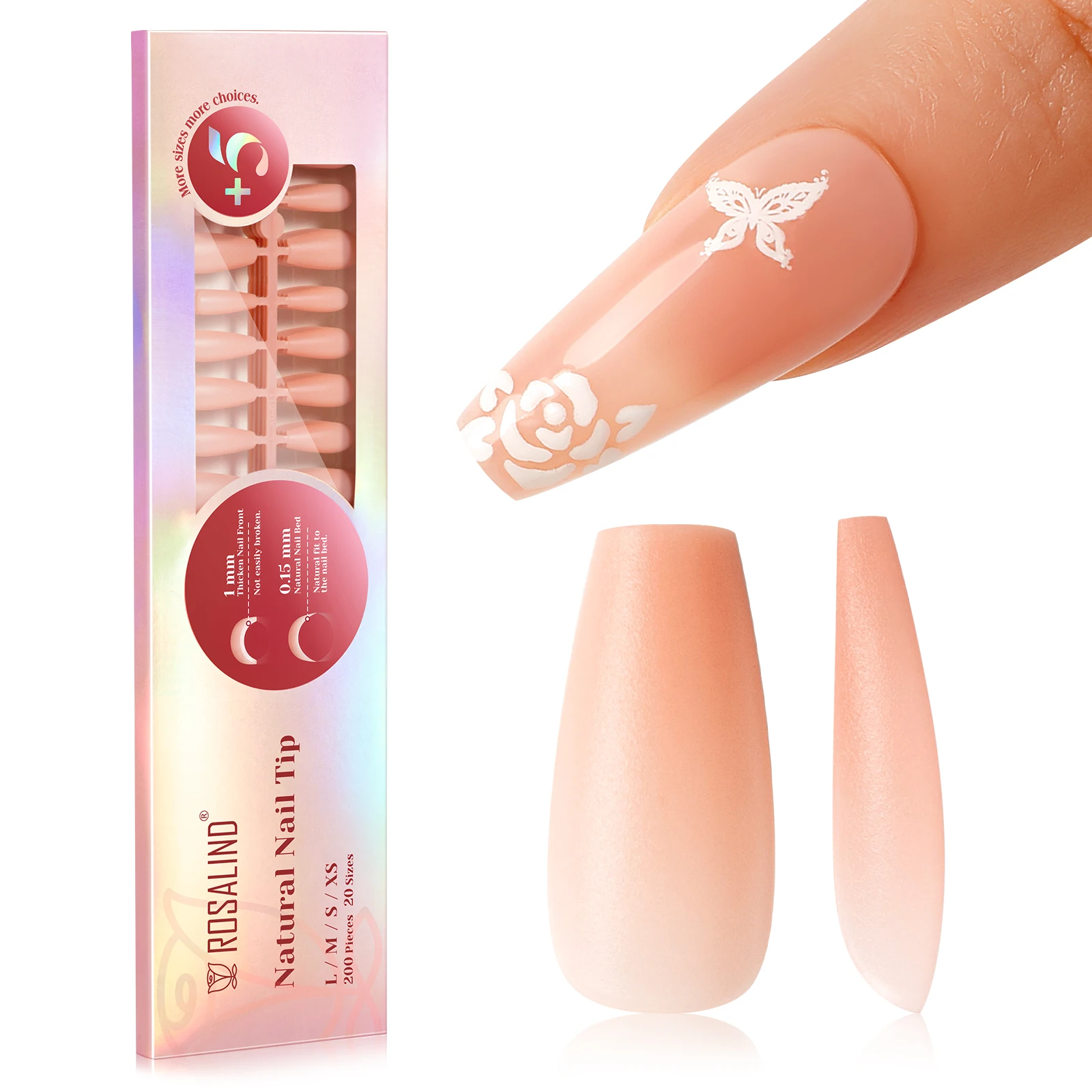 ROSALIND Soft Pink Coffin Nail Tips, 200 PCS Pink Nude Matte Medium Coffin Nail Tips Full Cover Acrylic Nail Tips, Nude Pre-colo