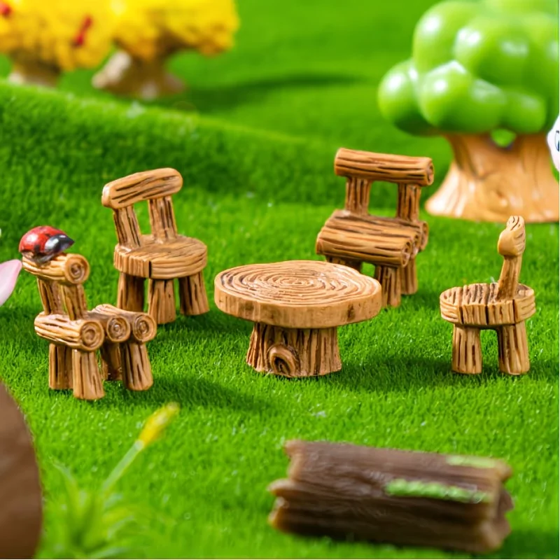 5pcs Miniatures of Mini Chair Table Set - Resin Figurines Model for Home Garden Fairy Micro Landscape DIY Decoration