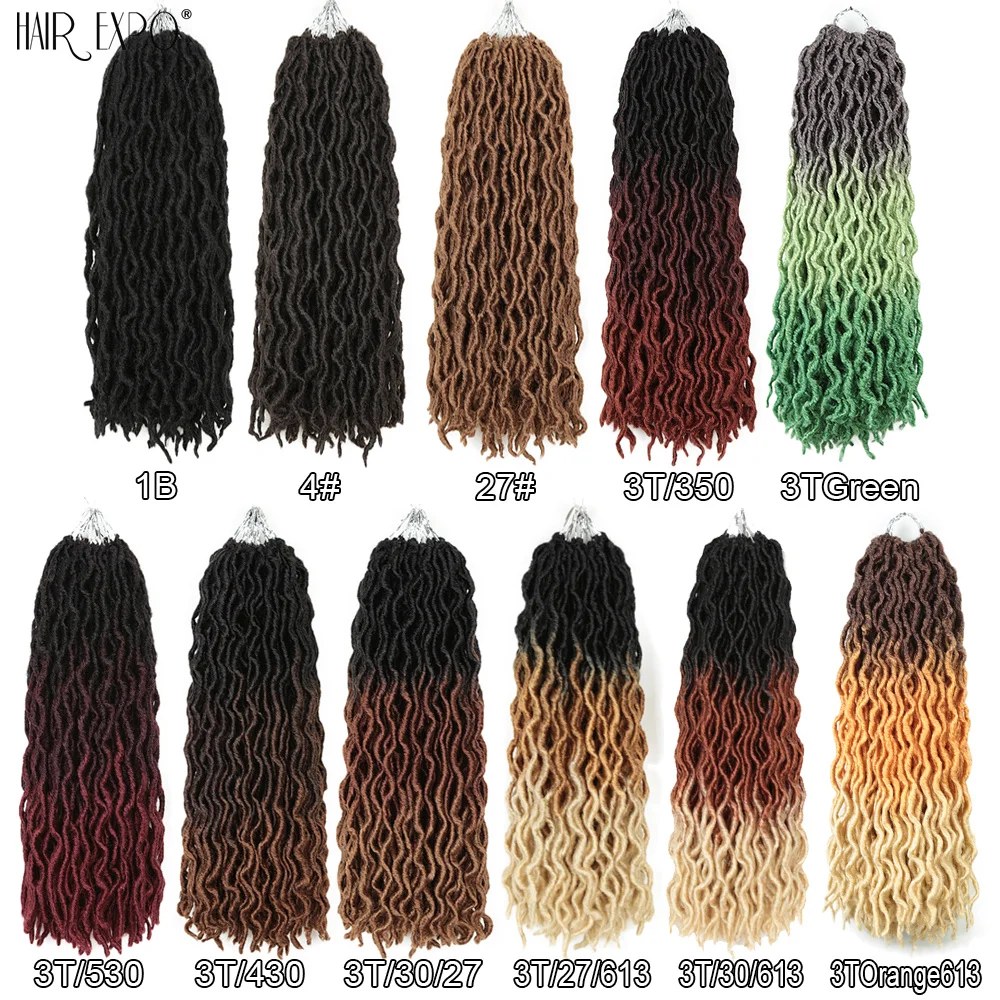 Sintético Faux Locs para Mulheres Negras, Tranças De Crochê, Onda De Cabelo, Ombre, Soft Afro Curly Dreadlocks, Extensões De Cabelo, 18 Em, 24 Em