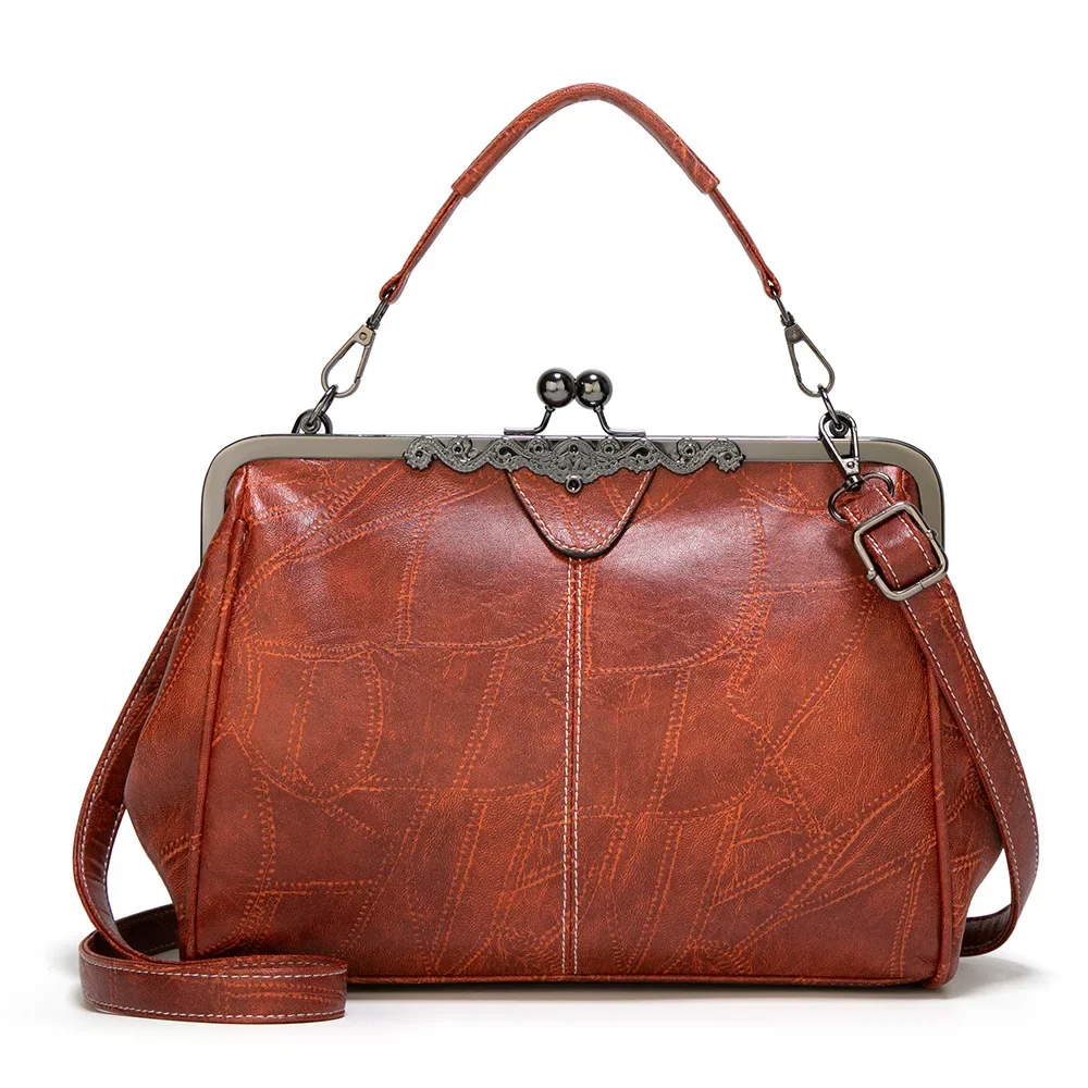 

Fashion Women's Clip Bags PU Leather Shoulder Handbag Female Kiss Lock Handbag Vintage Messenger Bag for Women