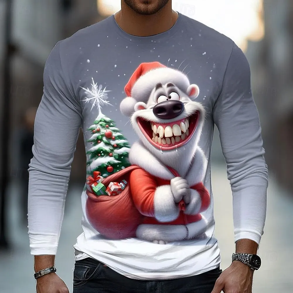 面白い白いクマ柄のグラフィックTシャツ メンズ クリスマススタイル 長袖Tシャツ 春秋 カジュアルTシャツ トレンド メンズ服