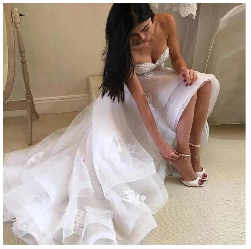 

Свадебное платье из органзы с высоким и низким вырезом Robe De Mariee, сексуальное милое свадебное платье с аппликацией и рюшами в стиле бохо, большие размеры