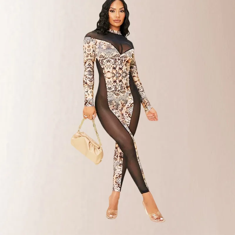 

Women's Long-sleeved Splicing Women's Onesie Printed Perspective Mesh Slim-fit Jumpsuit Women's