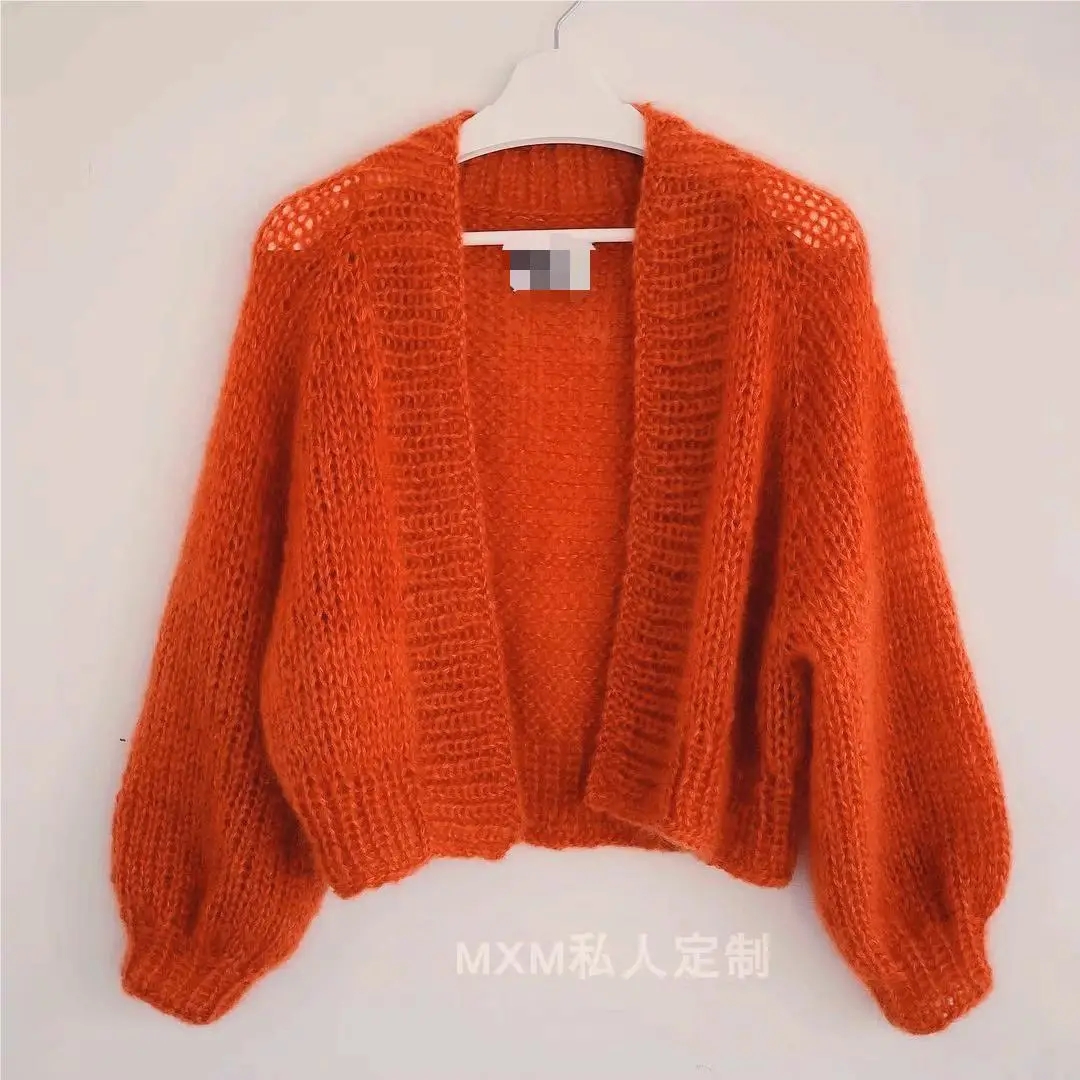 Red Mohair Sweater Jacket, Thick Needle Cardigan, Handcrafted Knit Top, Long Sleeve, Female, Soft and tender