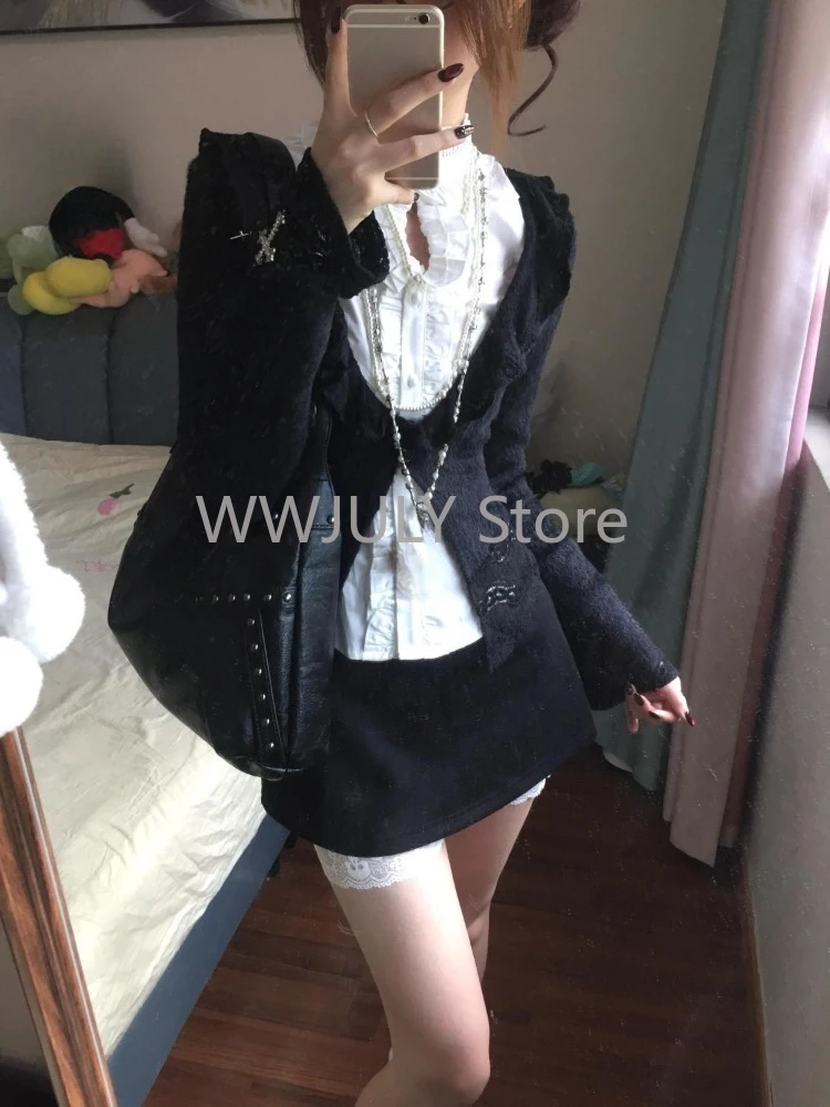 Y2k Long Sleeve Cardigan Coat Women+ Ruched Hollow Out Shirts+ High Waist Skirts 2024 Early Autumn New Two Piece Sets