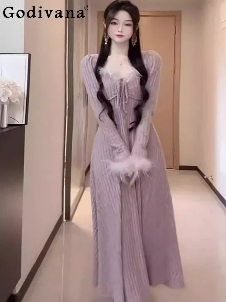 

Autumn Large Size Women French Square Neck Long Sleeve Knitted Dress Fashion Korean High Waist A-line Pink Purple Slim Dresses