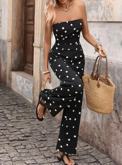 

Модный ретро-комбинезон в горошек без рукавов и бретелек во французском стиле для женщин на весну и лето 2026 года