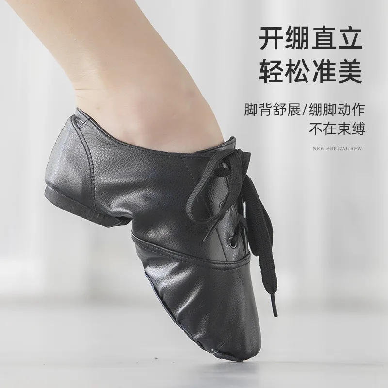 XIHAHA Fashion Child Dancing Shoes PU Leather Low Top Mens Jazz Shoes Women Split Sole Soft Sneaker Gym Dance Black