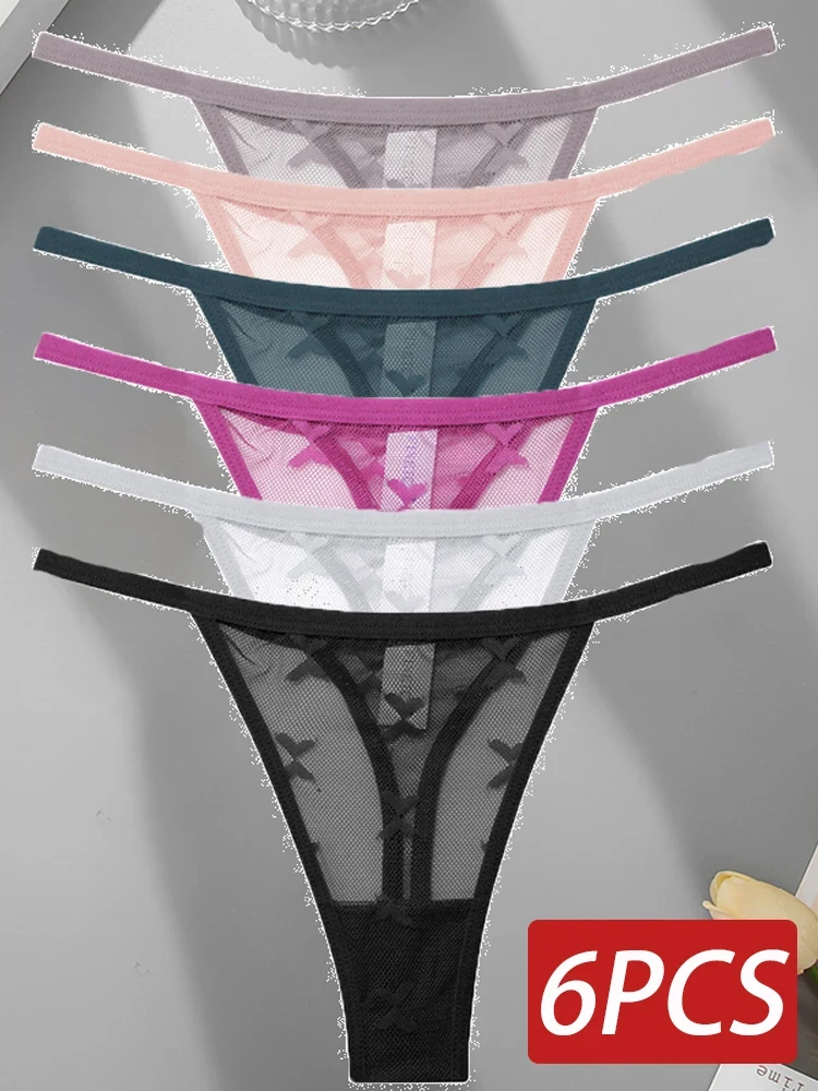 6PCS/Set Sexy Mesh Women's Thongs Transparent Women Panties Underwear Solid G-String Female Underpants Intimates Lingerie S-XL