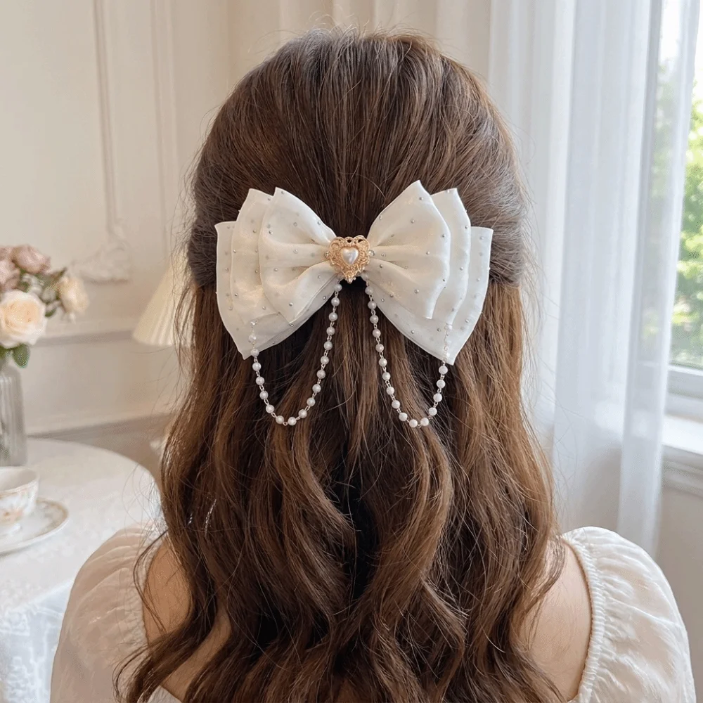 Floral Organza Tulle Bow Hair Clips Rhinestone Pearl Tassel Chain Duckbill Clips Heart Lightweight Princess Barrettes