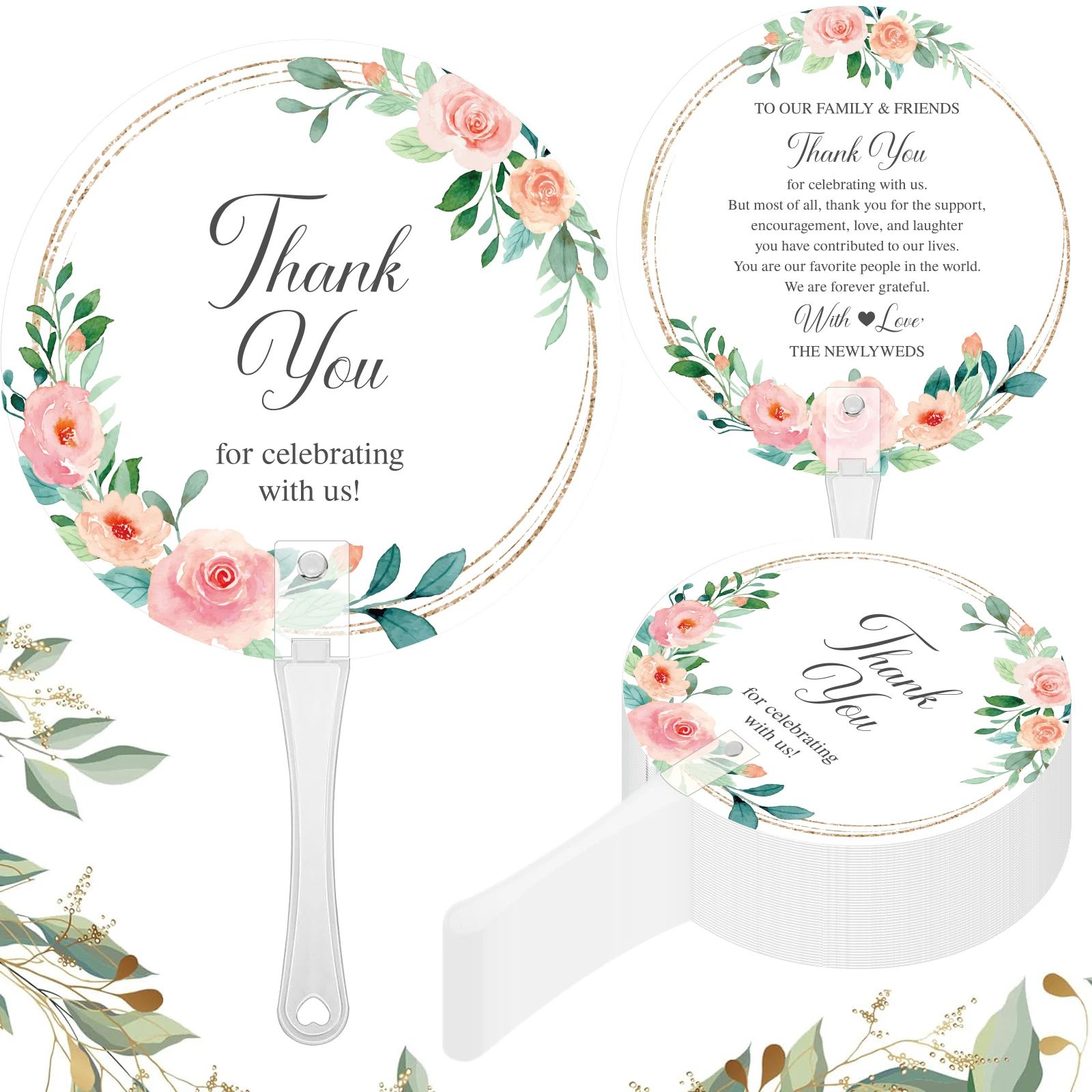 Wedding Thank You Fans 20-Piece Set - 10.2-inch Plastic Flower Fans, Bridesmaid Gifts, Guest Favors, Wedding Cooling Fans
