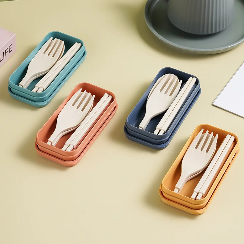 Wheat Straw Cutlery Students Spoons Forks Chopsticks with Box Tableware Travel Portable Travel Detachable Kitchen Accessories