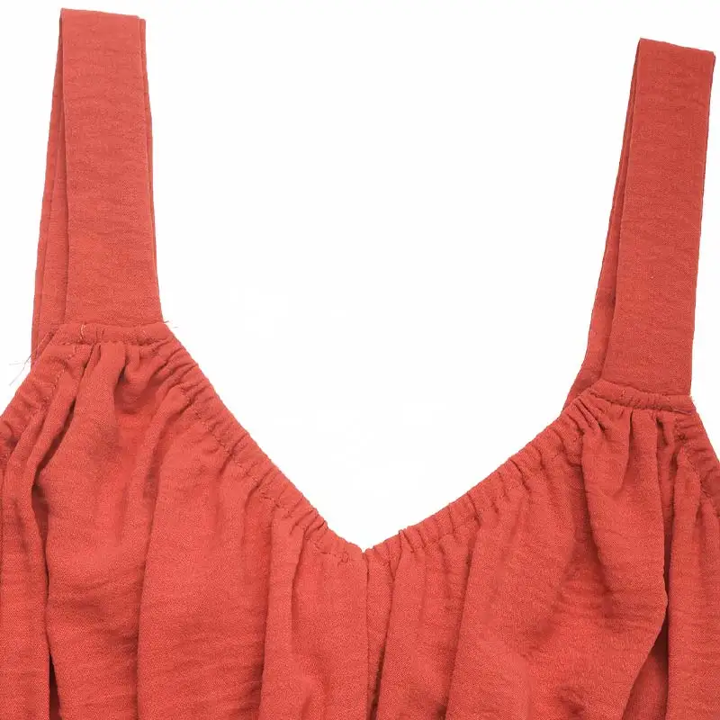 Dames kastanjebruine cami midi-jurk met gesmokte taille, mouwloos, casual zomervakantie, dagelijks feest, Boho