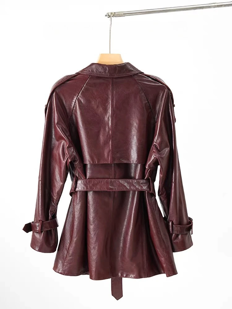 Coupe-vent classique en cuir bordeaux pour femmes, Trench-Coat mi-long en peau de mouton avec ceinture, hiver 2025, 100%