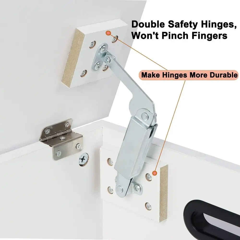 กล่องเก็บของไม้ขนาดใหญ่พร้อมบานพับนิรภัย 2 บาน, ม้านั่งเก็บรองเท้าสีขาวสำหรับห้องนั่งเล่นและห้องนอน