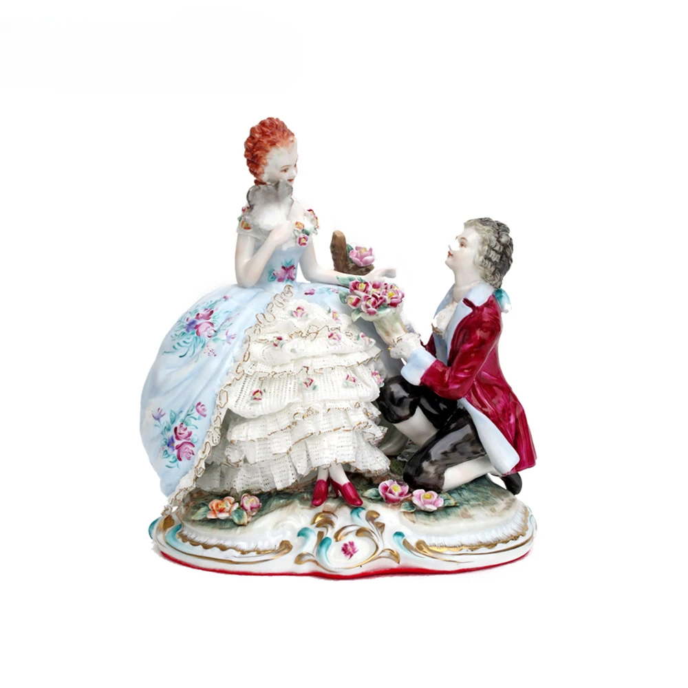 18th Century French Baroque Handmade Antique Porcelain Lovers Show Love Statue Sculpture Kneel and Send Flowers.