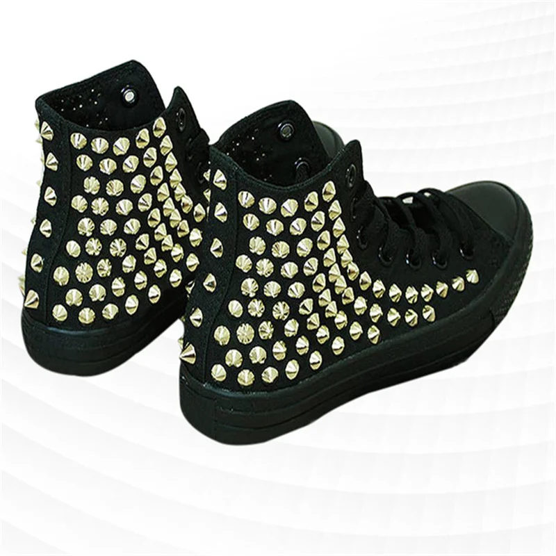 Hand-made original black high top riveted canvas shoes Hip hop punk show shoes men and women plus size casual shoes 35-46