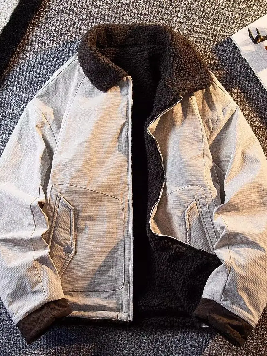 

Retro American Sle Men's Cotton Jaet with Zipper Fce Lined Warm Collar Youth Faionable Workwear Winter Coat