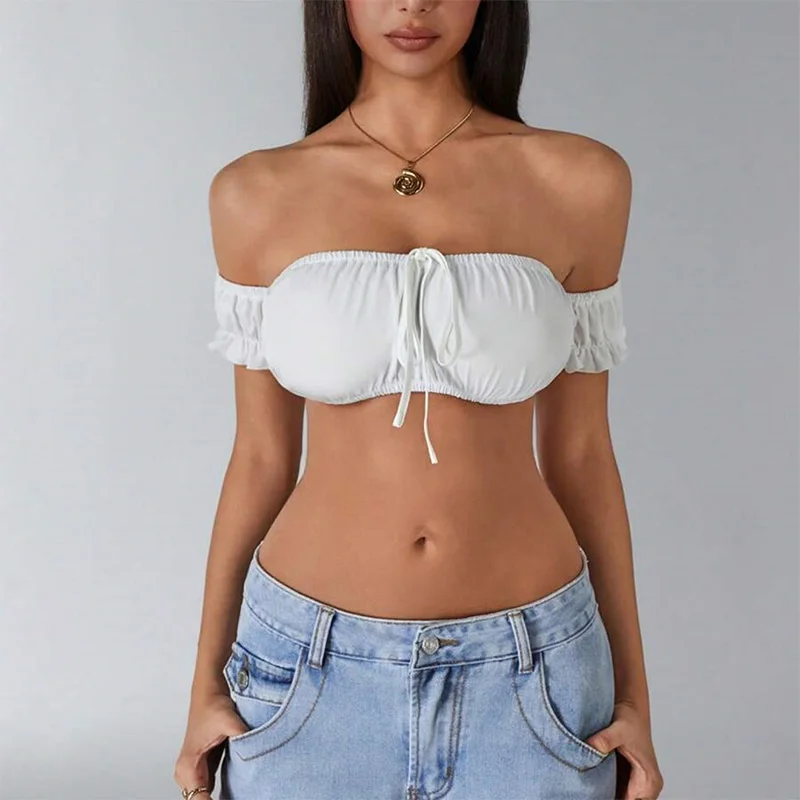 Sexy schulterfreies Tube-Top für Damen im Y2K-Stil mit Rüschenärmeln, Kordelzug, Bustier-Tanktop, schmale Passform, Sommerparty, Strandkleidung – Detail 2