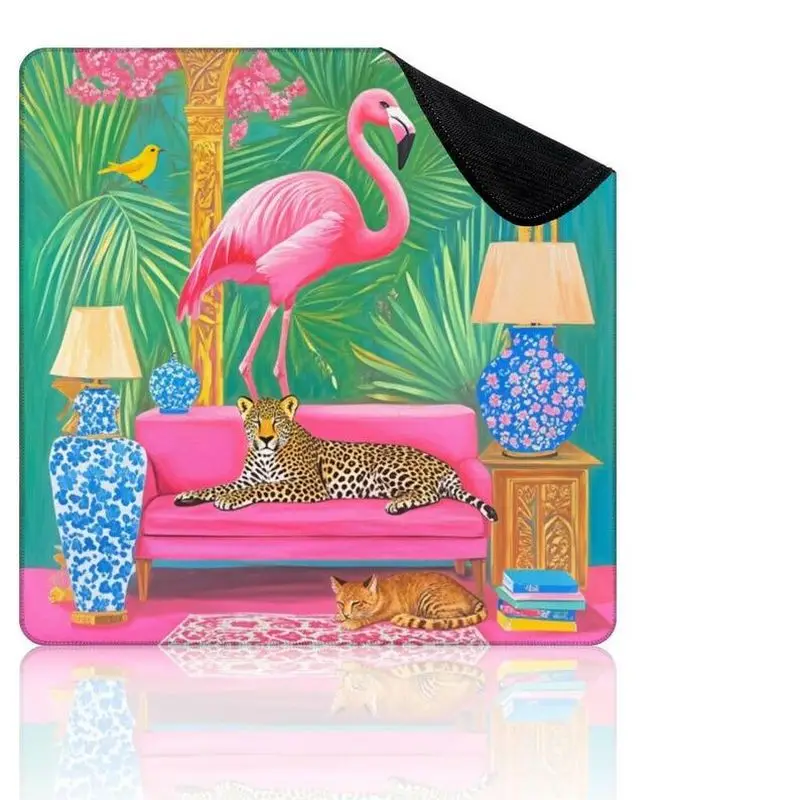 VIKAMA Vintage Tropical Flamingo Leopard Mahjong Rug Non Slip Noise Absorbent Table Pad Game Room Tea Room Party Home Decor