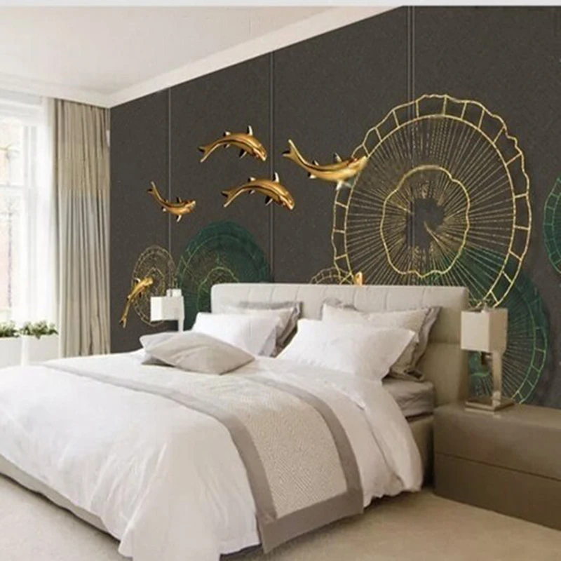 Modern abstract 3d ironwork metal lotus leaf goldfish relief TV luxury home decoration bedroom carved background wall