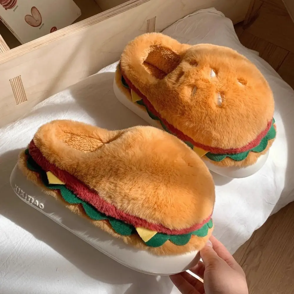 Creative Simulation Hamburger Slippers Soft Bottom Funny Plush Hamburger Slippers Non-Slip Thick Sole 3D Hamburger Slides