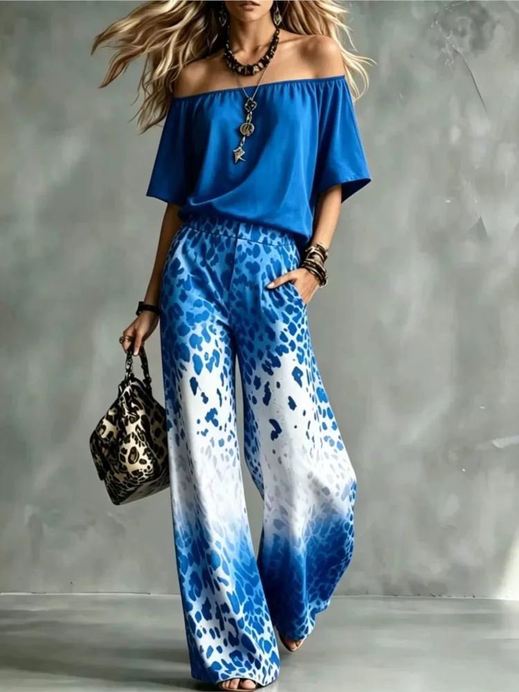 Women 2 Piece Outfit Set Off Shoulder Short Sleeve Solid Blouse Gradient Leopard Print Wide Leg Pants Casual Loose Trousers Suit
