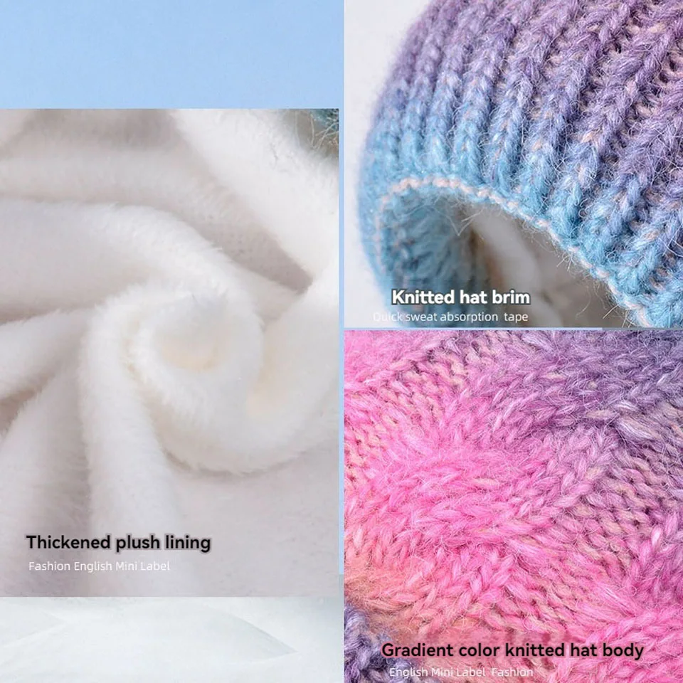LOOGDEEL 1 مجموعة/2 قطعة قبعة الشتاء الدافئة مع المخملية السميكة والتدرج اللون غزل محبوك قبعة يندبروف البلوز قبعة المرأة #6