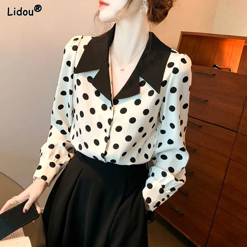 

Tops Casual Korean Turn-down Collar Dot Pattern Blouses Straight Loose Button Spring Summer Thin SimplicityWomen's Clothing 2022