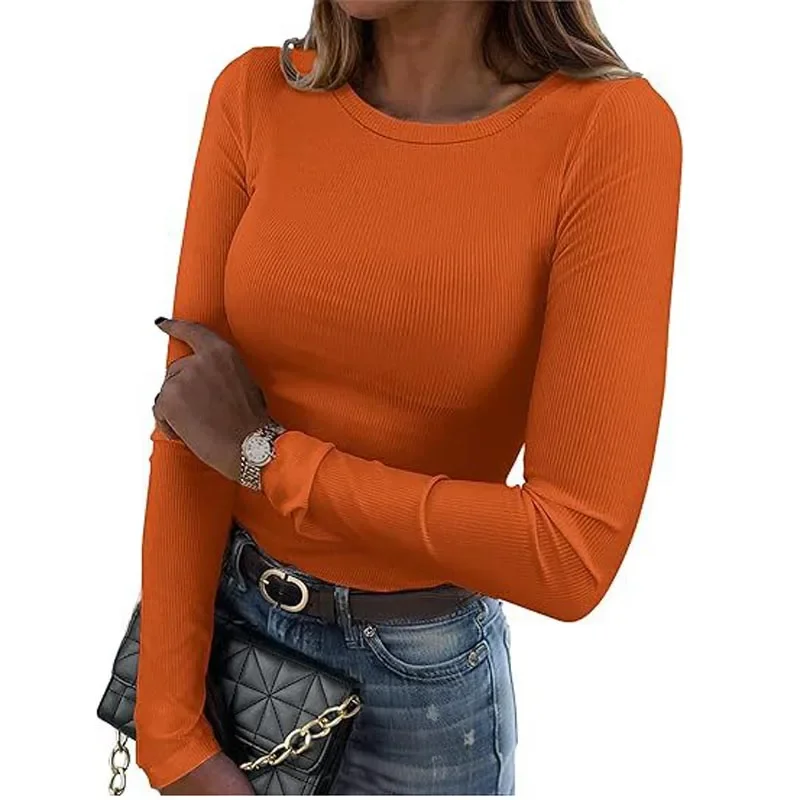 Kolorowa damska koszulka z okrągłym dekoltem, dopasowana, prążkowana, elastyczna, podstawowa, codzienna bluzka z krótkim i długim rękawem.