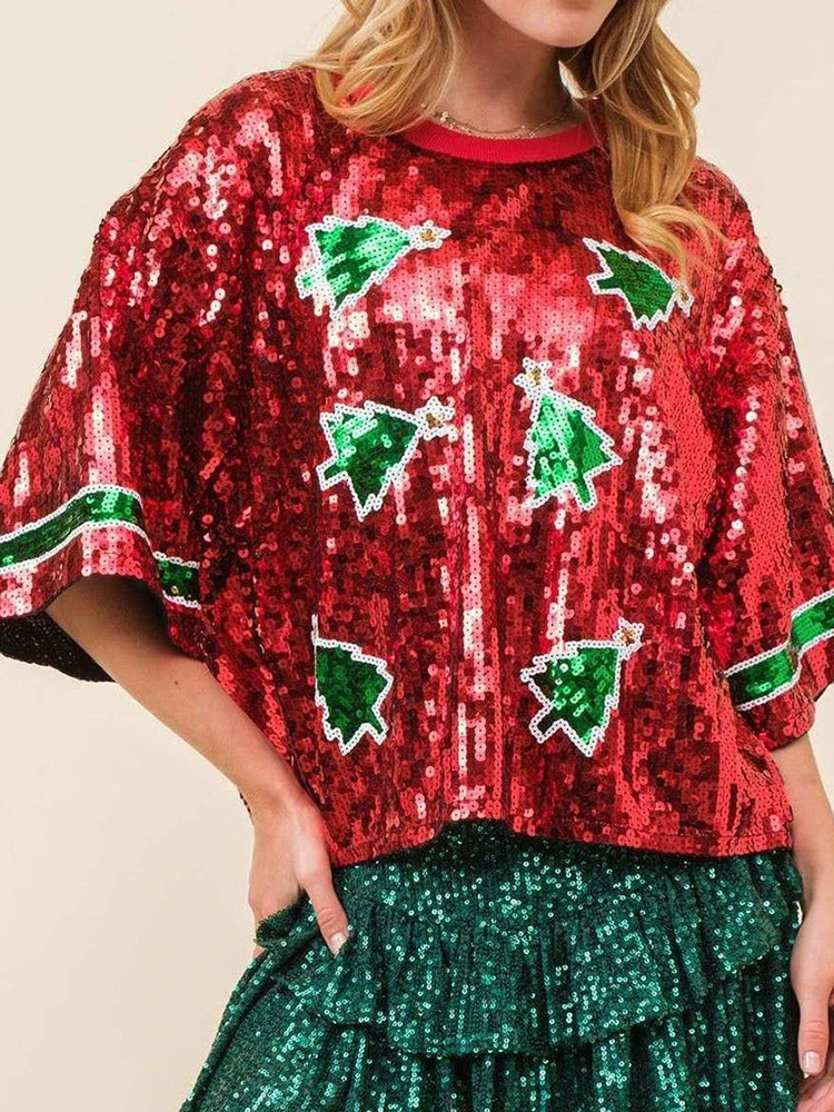 

Повседневные свободные женские толстовки с узором и принтом для девочек, пуловер с круглым вырезом и короткими рукавами и блестками, модные блестящие футболки с цветными блоками