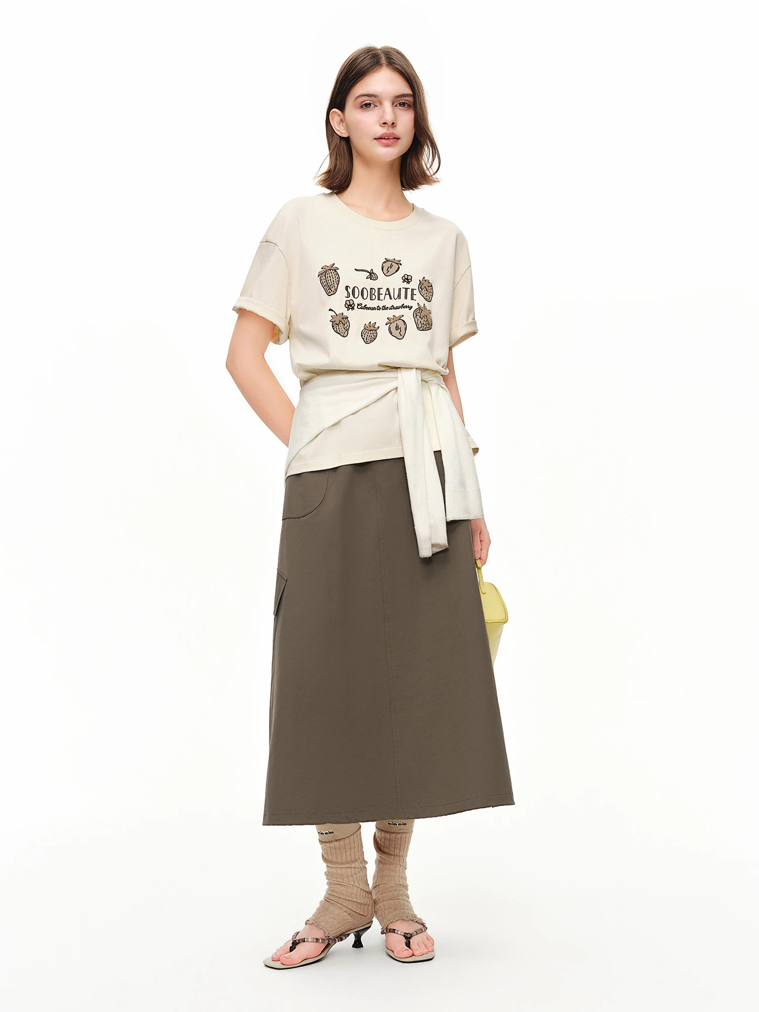 DUSHU Women A-line Cargo Midi Skirt 2026 Summer New Arrival Fashion Commute High Waist Straight Casual Half Skirt Cotton Contain