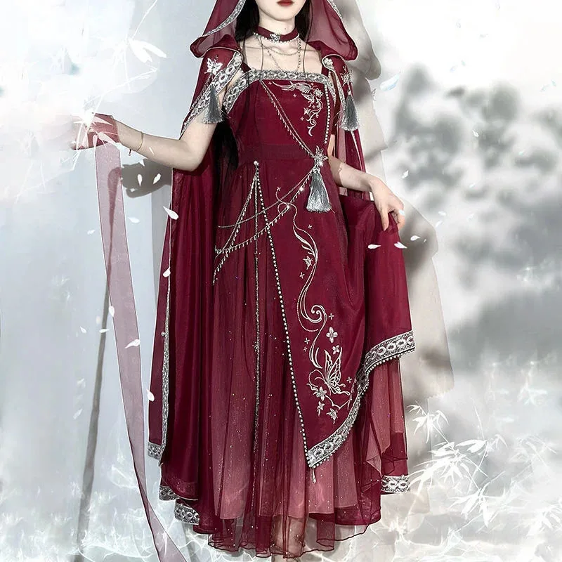 Starry River Dreams-vestido rojo Miao Han Element con tirantes, faldas de estilo chino, vestidos góticos para mujer, capa roja y azul