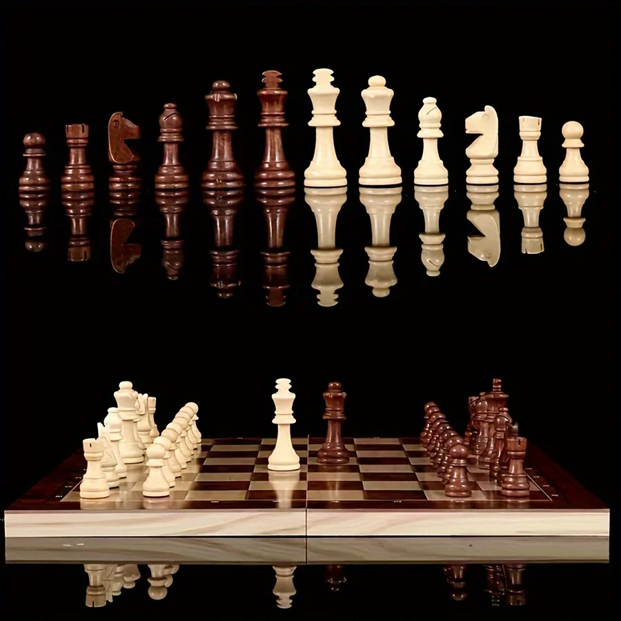 

34CM Three-in-One Wooden Chess Set Portable Foldable Strategic Educational Game for Entertainment