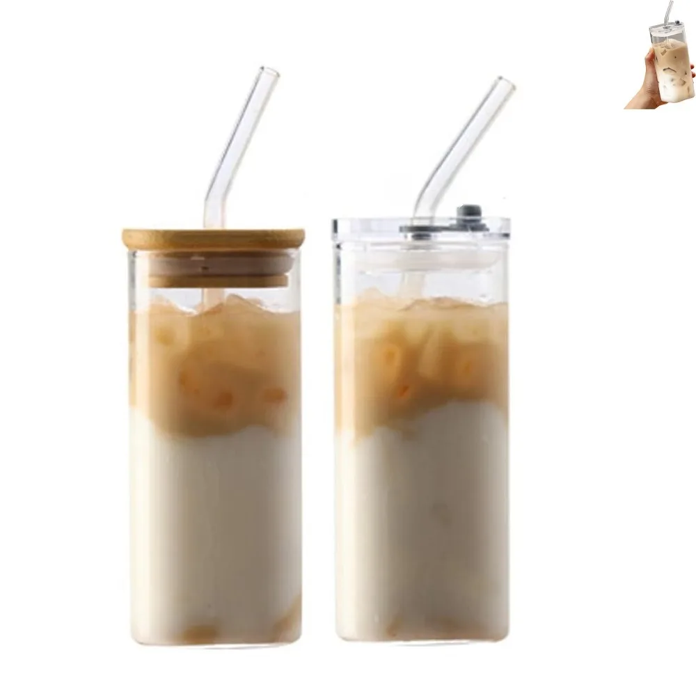 Vaso de 400ml/13 Oz con tapa y pajita a prueba de fugas, taza de café transparente, taza de jugo cuadrada, taza de café resistente al calor