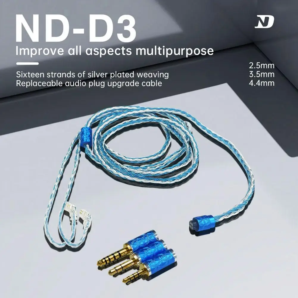 Substituição de auscultadores Cabo Adaptador, Prata Plated Wire Core, HiFi, 0.75DIY, ND D3, 2.5mm, 3.5mm, 4.4mm, 16 Strand